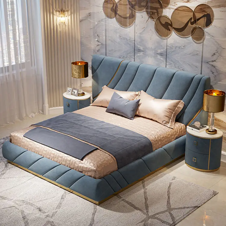 Luxury Bedroom Furniture Set Italian Customized Leather Big Headboard Up-holstered Bed Frame Modern king Size Bed — image 5