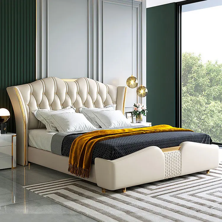 Italian Upholstered Bed Double High Headboard Soft Leather Bed Frame Bedroom Set Furniture Modern Design Queen Size Bed — image 2