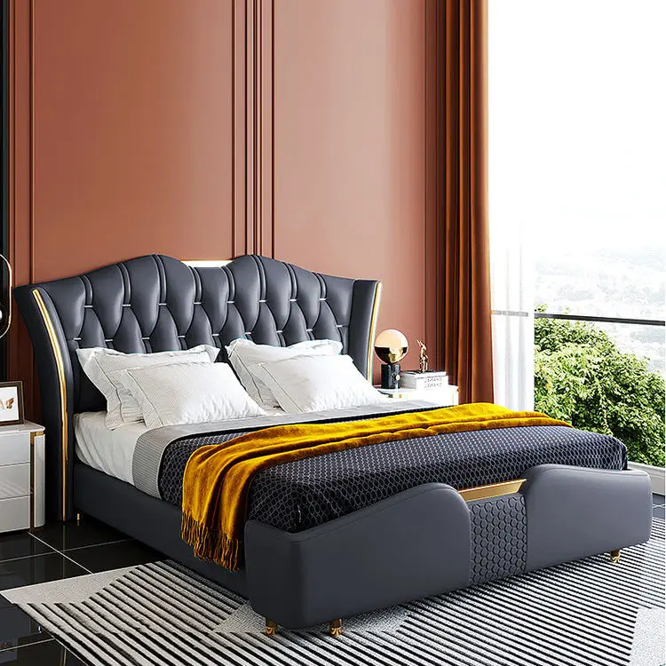 Italian Upholstered Bed Double High Headboard Soft Leather Bed Frame Bedroom Set Furniture Modern Design Queen Size Bed — image 3