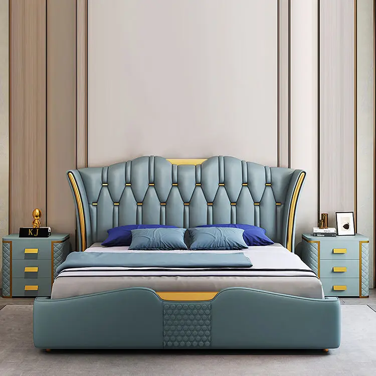 Italian Upholstered Bed Double High Headboard Soft Leather Bed Frame Bedroom Set Furniture Modern Design Queen Size Bed — image 4