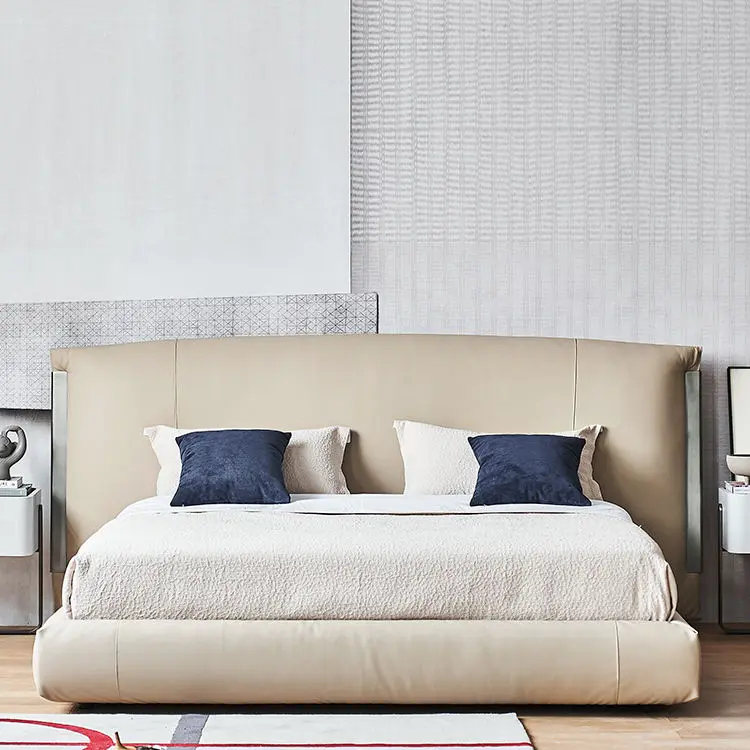 Italian Minimalist Light Luxury Bed Genuine Leather Master Bedroom Furniture Set Modern Comfortable Headboard king Size — view 1