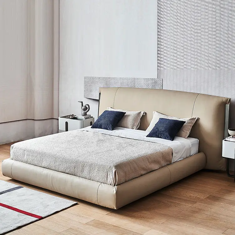 Italian Minimalist Light Luxury Bed Genuine Leather Master Bedroom Furniture Set Modern Comfortable Headboard king Size Bed — image 2