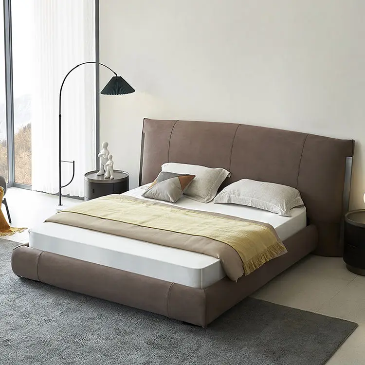 Italian Minimalist Light Luxury Bed Genuine Leather Master Bedroom Furniture Set Modern Comfortable Headboard king Size Bed — image 3