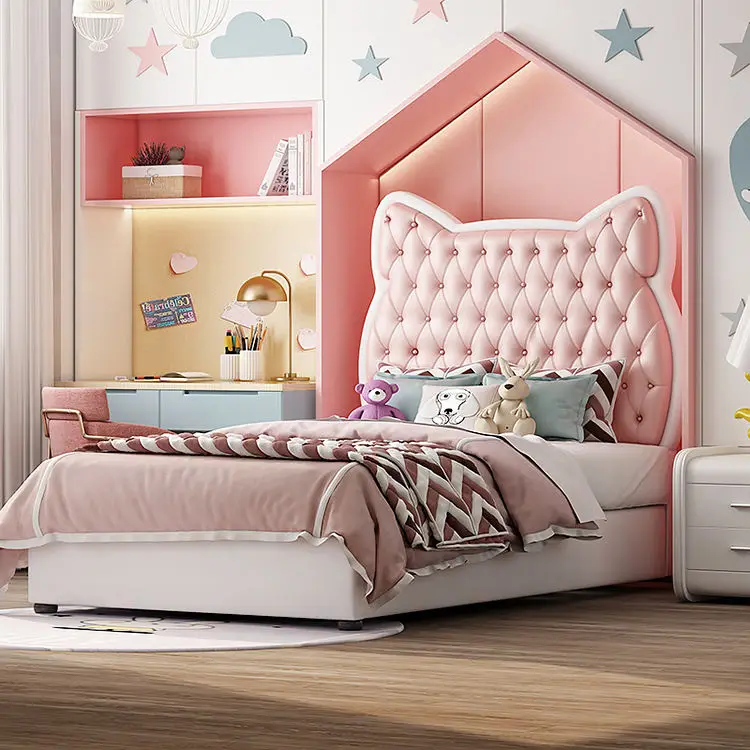 Cute pink Leather Headboard Single Bed Children's Bed Princess Design Furniture Single Bed Wooden Frame — view 1