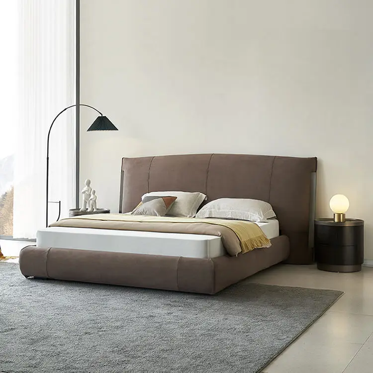 Italian Minimalist Light Luxury Bed Genuine Leather Master Bedroom Furniture Set Modern Comfortable Headboard king Size Bed — image 5