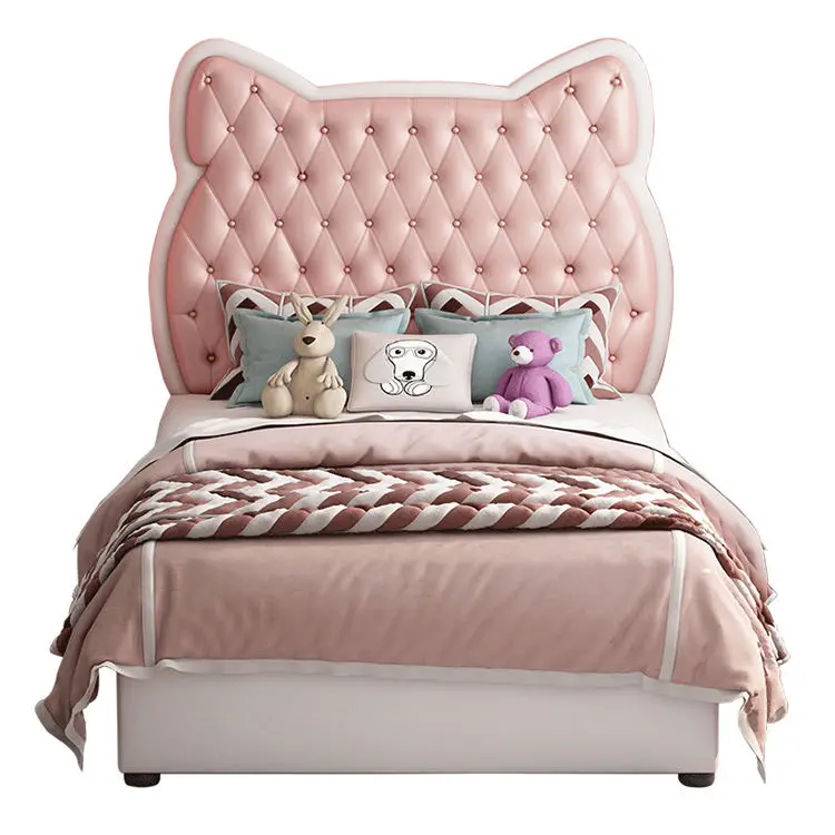 Cute pink Leather Headboard Single Bed Children's Bed Princess Design Furniture Single Bed Wooden Frame — image 2