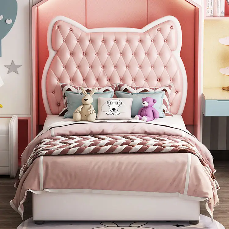 Cute pink Leather Headboard Single Bed Children's Bed Princess Design Furniture Single Bed Wooden Frame — image 3