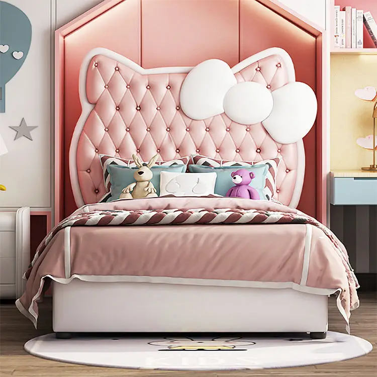 Cute pink Leather Headboard Single Bed Children's Bed Princess Design Furniture Single Bed Wooden Frame — image 4