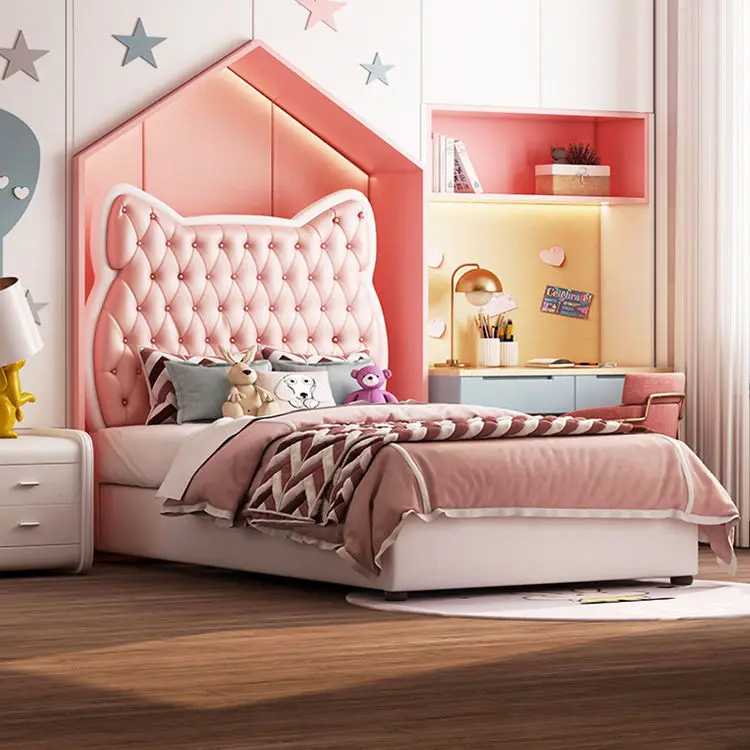 Cute pink Leather Headboard Single Bed Children's Bed Princess Design Furniture Single Bed Wooden Frame — image 5