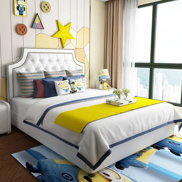 Modern Girl and Boy Leather Bed Solid Wood Children Bed Frame Bedroom Furniture Set Design for Kids — image 3