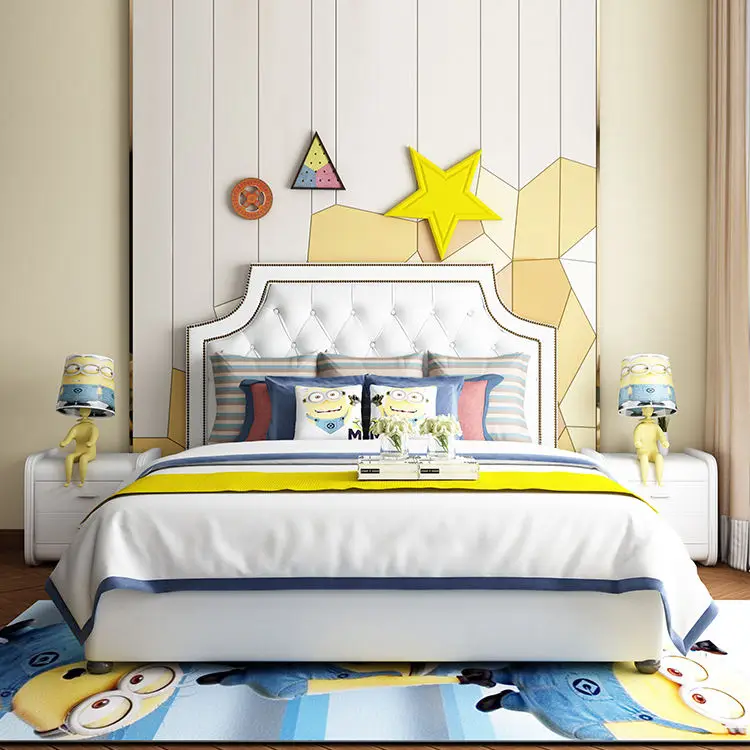 Modern Girl and Boy Leather Bed Solid Wood Children Bed Frame Bedroom Furniture Set Design for Kids — image 4