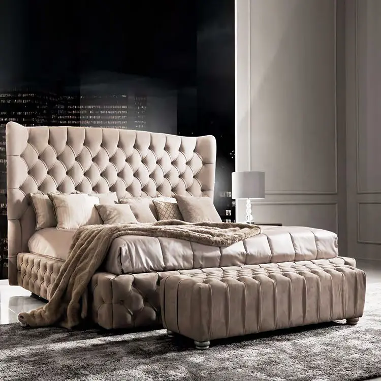 Hotel Home Bedroom Furniture Modern Italian Luxury king Size Bed Fabric Full Size Solid Wood Bed Frame Bedroom Set — view 1