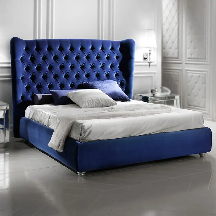 Hotel Home Bedroom Furniture Modern Italian Luxury king Size Bed Fabric Full Size Solid Wood Bed Frame Bedroom Set — image 3