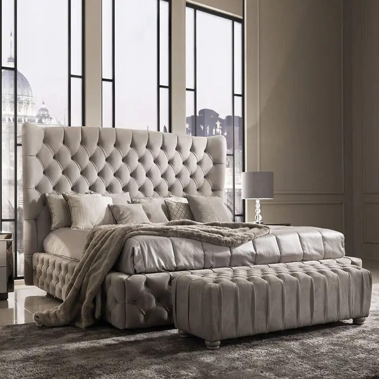 Hotel Home Bedroom Furniture Modern Italian Luxury king Size Bed Fabric Full Size Solid Wood Bed Frame Bedroom Set — image 5