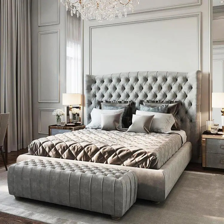 Hotel Home Bedroom Furniture Modern Italian Luxury king Size Bed Fabric Full Size Solid Wood Bed Frame Bedroom Set — image 6