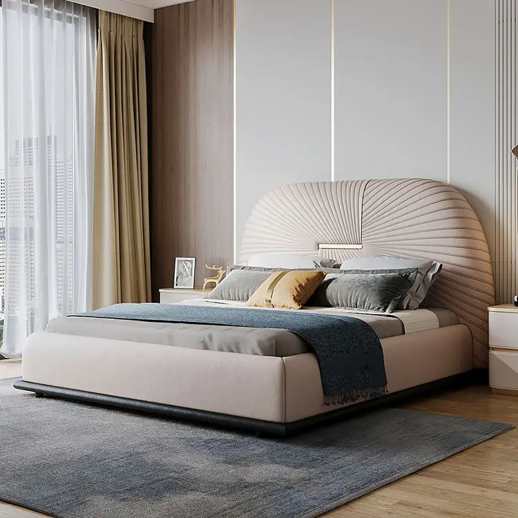 Modern Bedroom Light Luxury Upholstered Double Bed Master Bedroom Leather Wood Queen king Size Bed Hotel Bedroom Set — image 2