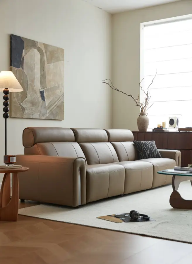 Furnistyle 3-meter Tan Pure Leather Sofa Set Concise Recliner with Sponge Filling for Hotels and Living Room — image 2