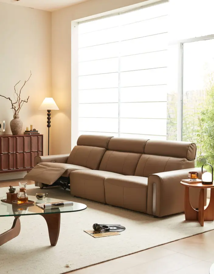 Furnistyle 3-meter Tan Pure Leather Sofa Set Concise Recliner with Sponge Filling for Hotels and Living Room — image 3