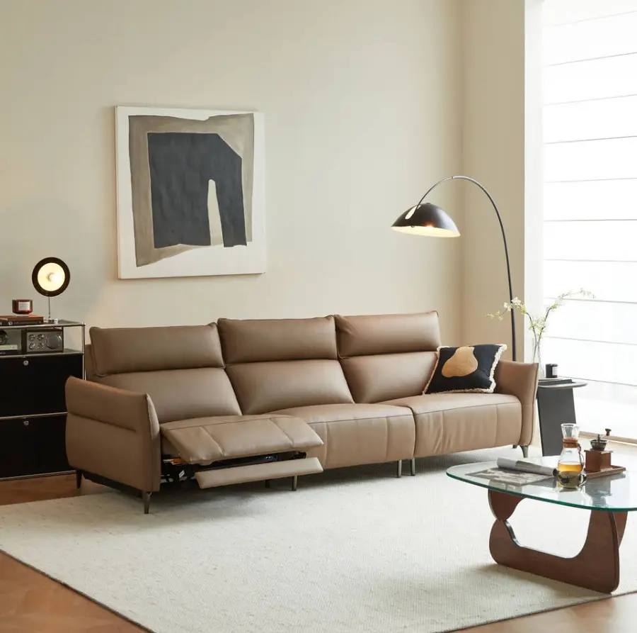 Furnistyle 3-meter Tan Pure Leather Sofa Set Concise Recliner with Sponge Filling for Hotels and Living Room — image 4