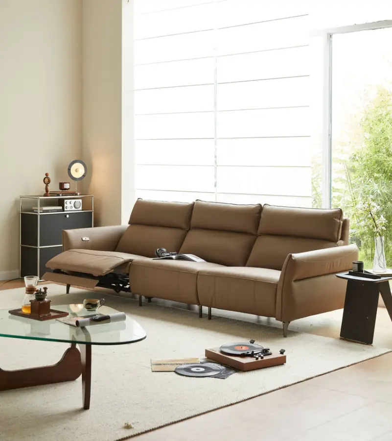 Furnistyle 3-meter Tan Pure Leather Sofa Set Concise Recliner with Sponge Filling for Hotels and Living Room — image 5