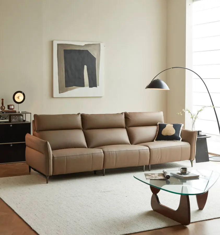 Furnistyle 3-meter Tan Pure Leather Sofa Set Concise Recliner with Sponge Filling for Hotels and Living Room — image 6