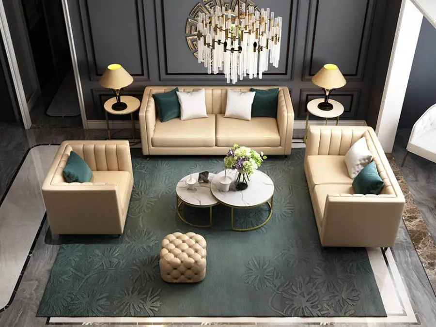 Wholesale Wood Frame Genuine Leather Tufted Kitchen Luxury Corner Sofa Set Modern 6 Seaters Furniture — image 2