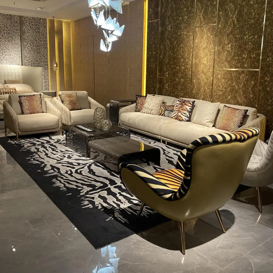 Furnistyle Luxury Living Room Set New Design Microfiber Fabric Sectional Sofa with Brass Legs Home Furniture — image 5