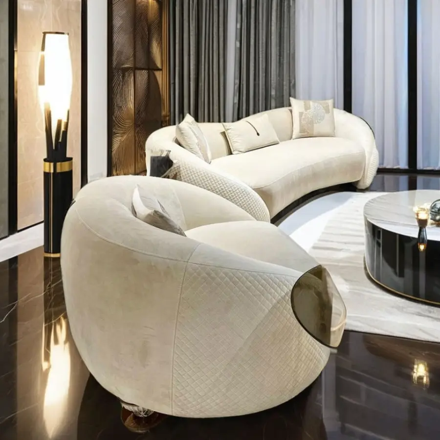 Luxury Design European Style Quality Velvet Fabric Designer Curve Sofa Set Living Room Furniture Genuine Real Leather Sofa — image 3