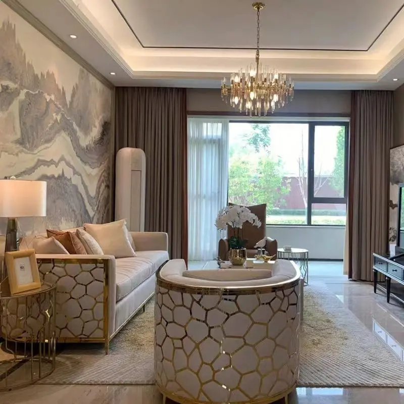 Furnistyle Living Room Morden Sofa Set House Stainless Gold Steel Frame Sofa Set Luxury Velvet Sofa Couch — image 2