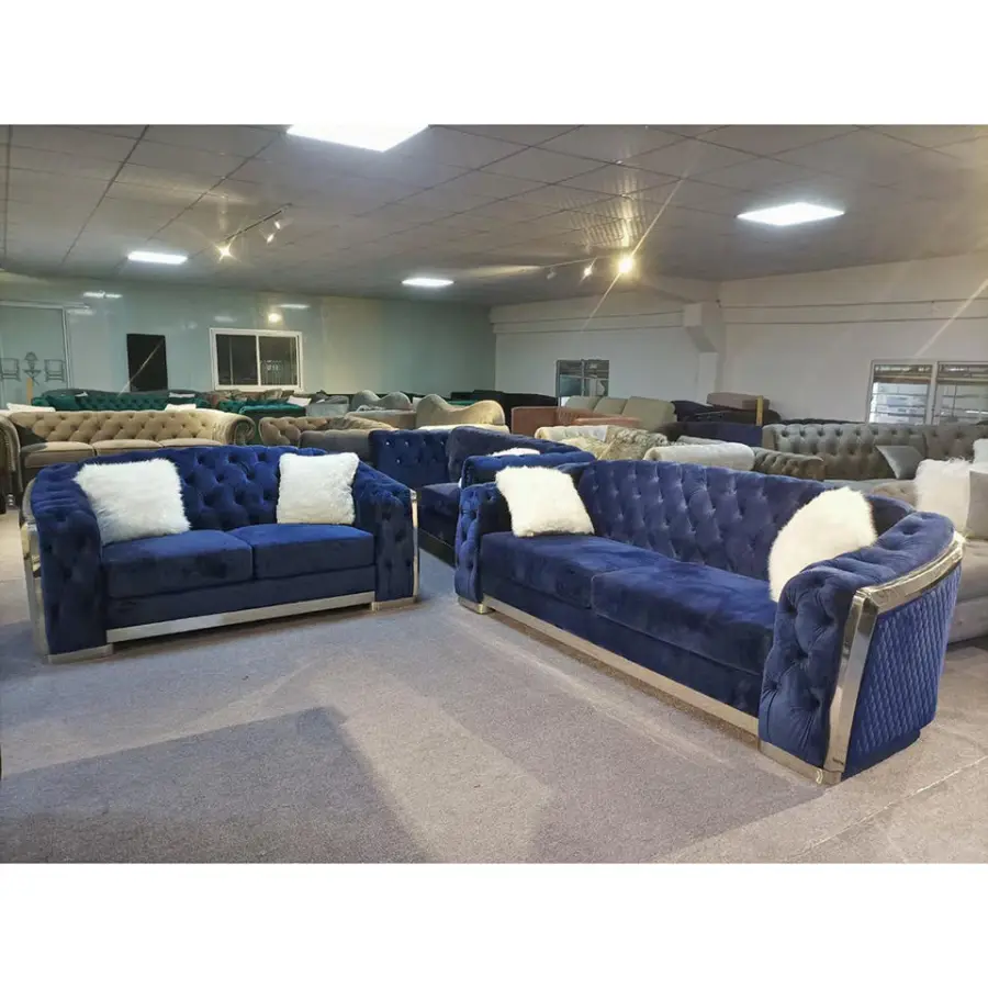 Luxury Velvet Chesterfield Tufted Modern Sofa Set for Hotel Apartment Living Room High-Density Foam Stainless Steel Gold — view 1