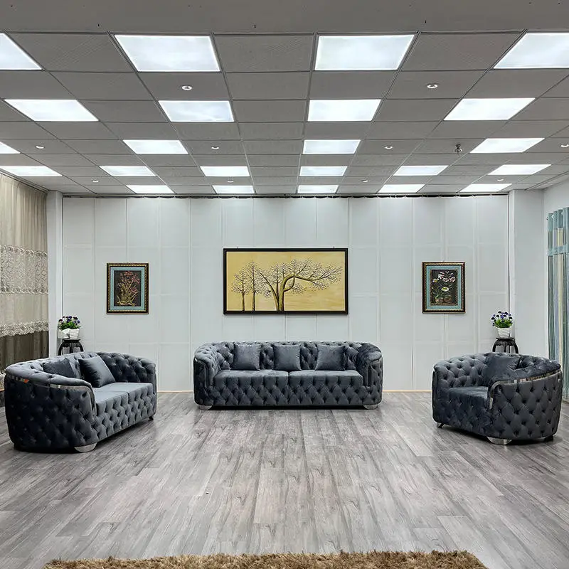 Modern Living Room Velvet Fabric Tufted Sofa Set with Gold Stainless Steel Home Office Hotel Chesterfield Sofa — view 1