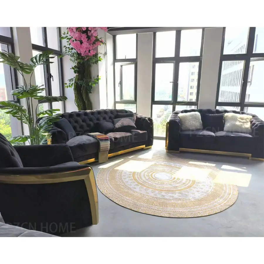 Luxury Velvet Chesterfield Tufted Modern Sofa Set for Hotel Apartment Living Room High-Density Foam Stainless Steel Gold Legs — image 3