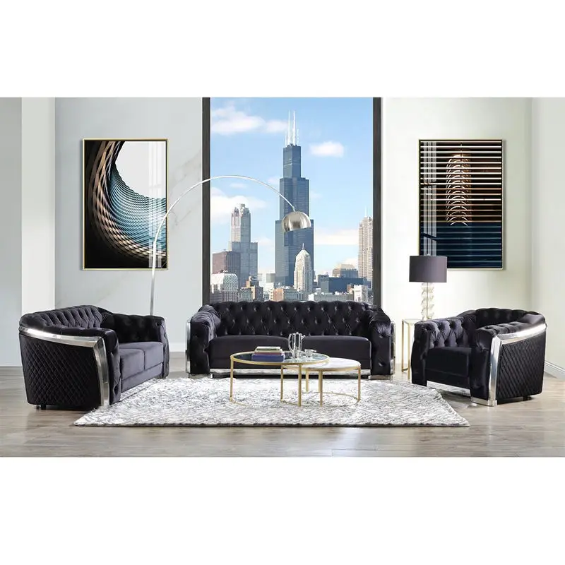 Luxury Velvet Chesterfield Tufted Modern Sofa Set for Hotel Apartment Living Room High-Density Foam Stainless Steel Gold Legs — image 4