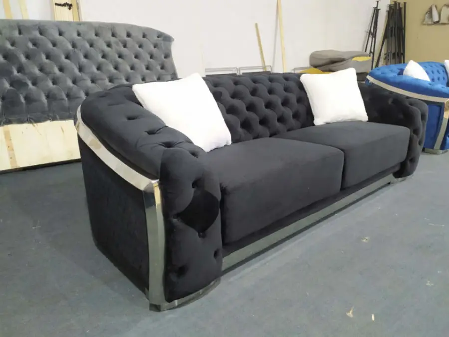 Luxury Velvet Chesterfield Tufted Modern Sofa Set for Hotel Apartment Living Room High-Density Foam Stainless Steel Gold Legs — image 5