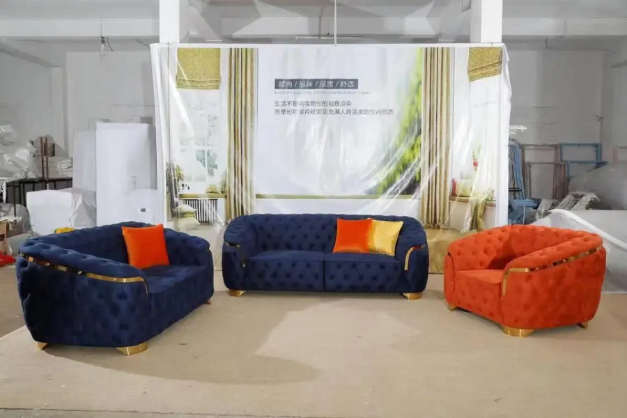 Modern Living Room Velvet Fabric Tufted Sofa Set with Gold Stainless Steel Home Office Hotel Chesterfield Sofa — image 4