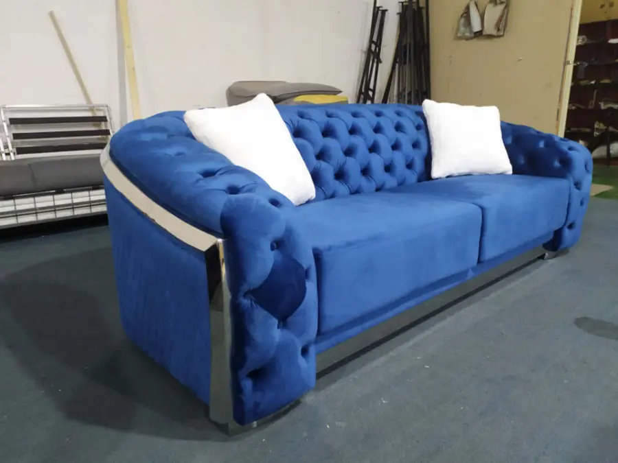 Luxury Velvet Chesterfield Tufted Modern Sofa Set for Hotel Apartment Living Room High-Density Foam Stainless Steel Gold Legs — image 6