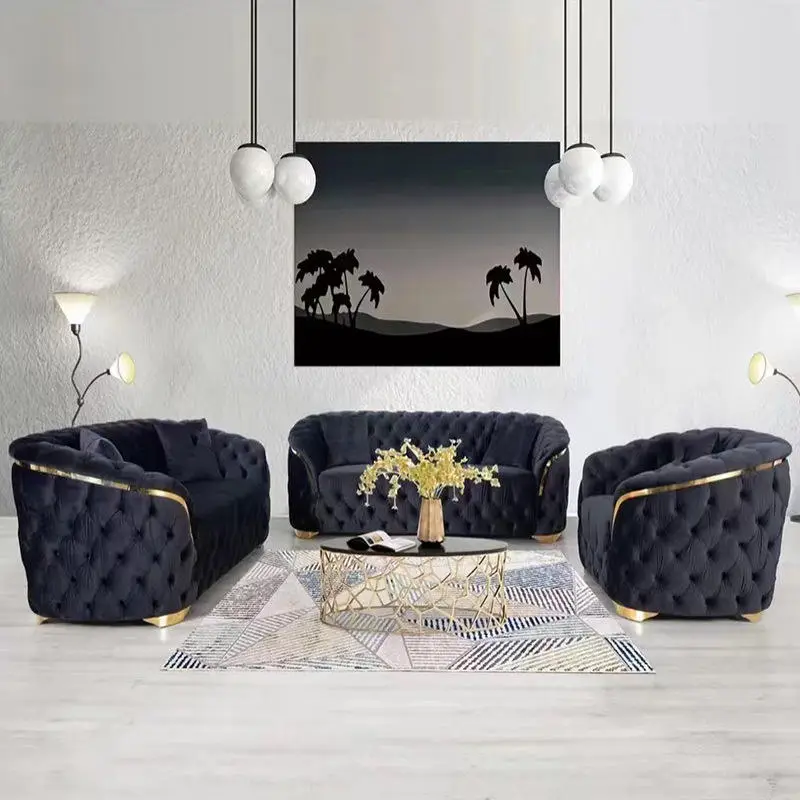 Modern Living Room Velvet Fabric Tufted Sofa Set with Gold Stainless Steel Home Office Hotel Chesterfield Sofa — image 6