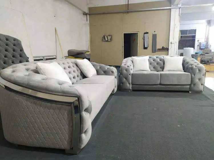 Luxury Velvet Chesterfield Tufted Modern Sofa Set for Hotel Apartment Living Room High-Density Foam Stainless Steel Gold Legs — image 7