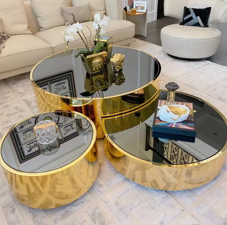 Hot Sales Creative Glass Top Coffee Table Set Glossy Matte Gold Stainless Steel Frame Wooden Marble Center Three Sizes A — view 1