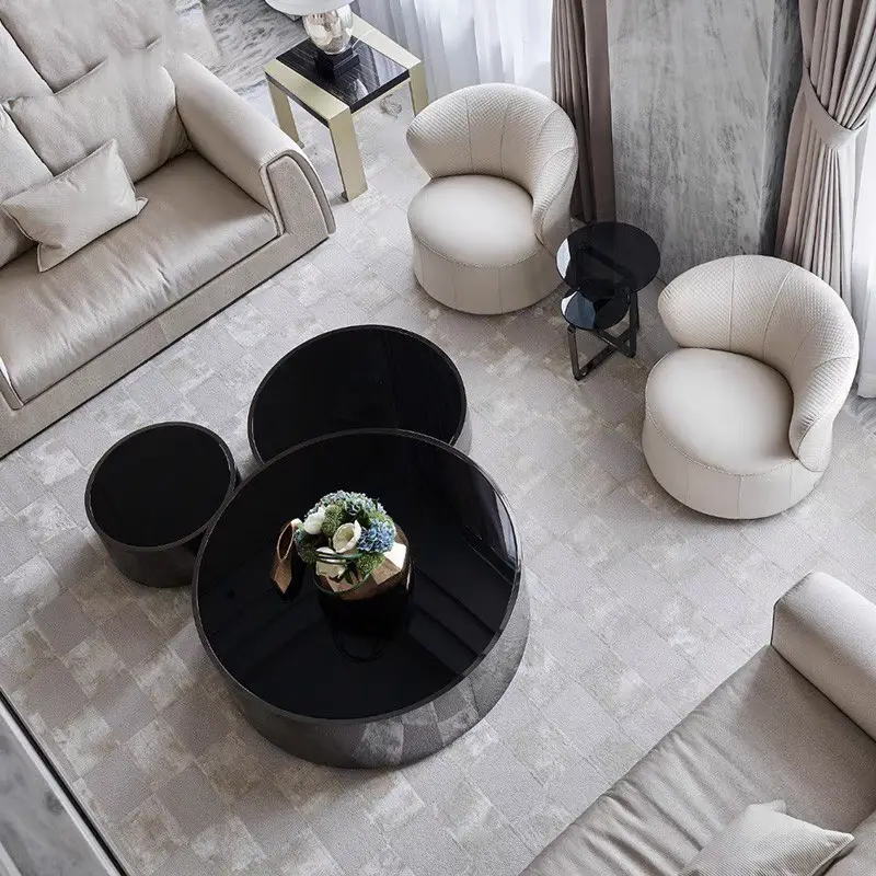 Hot Sales Creative Glass Top Coffee Table Set Glossy Matte Gold Stainless Steel Frame Wooden Marble Center Three Sizes Available — image 3