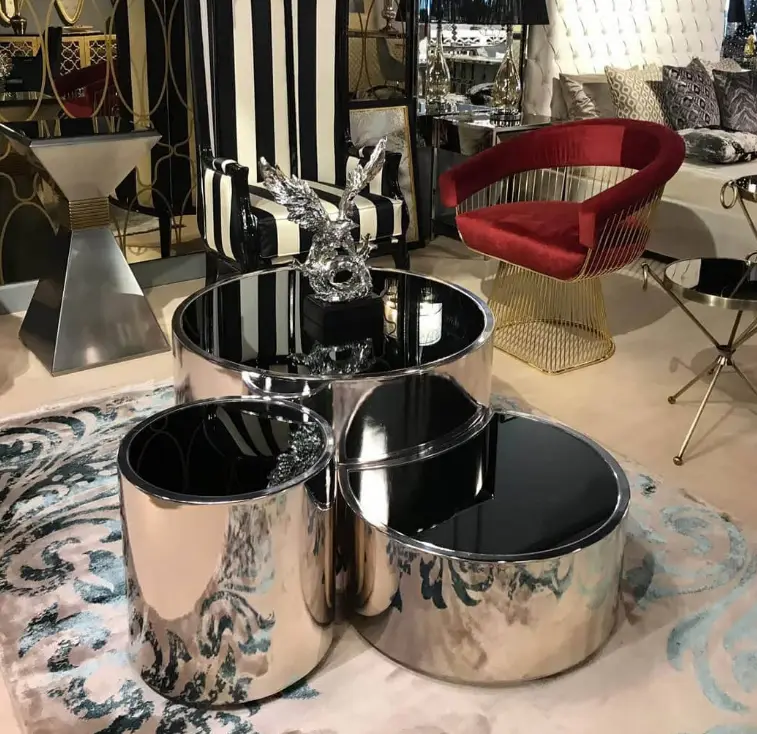 Hot Sales Creative Glass Top Coffee Table Set Glossy Matte Gold Stainless Steel Frame Wooden Marble Center Three Sizes Available — image 4