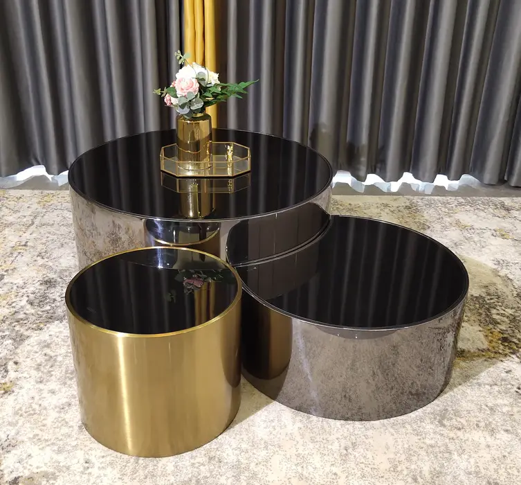 Hot Sales Creative Glass Top Coffee Table Set Glossy Matte Gold Stainless Steel Frame Wooden Marble Center Three Sizes Available — image 5