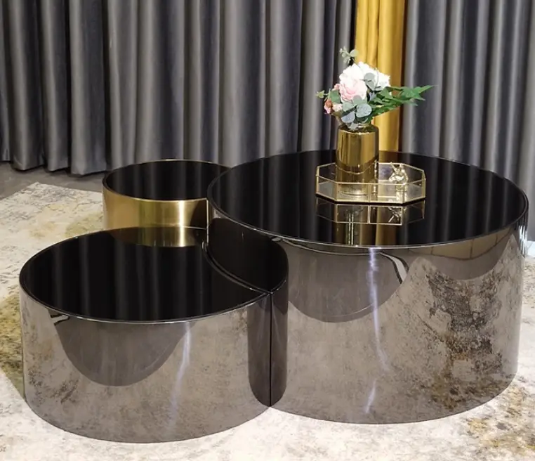 Hot Sales Creative Glass Top Coffee Table Set Glossy Matte Gold Stainless Steel Frame Wooden Marble Center Three Sizes Available — image 6