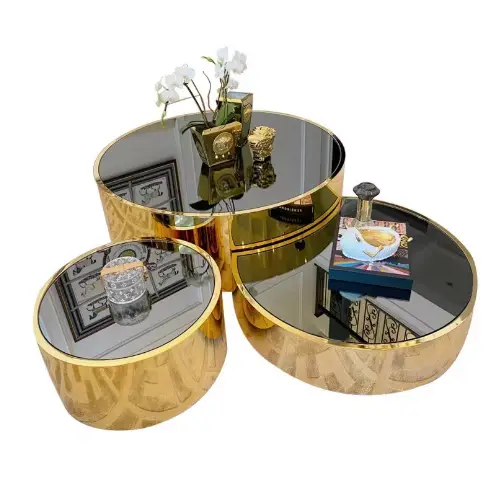 Hot Sales Creative Glass Top Coffee Table Set Glossy Matte Gold Stainless Steel Frame Wooden Marble Center Three Sizes Available — image 7