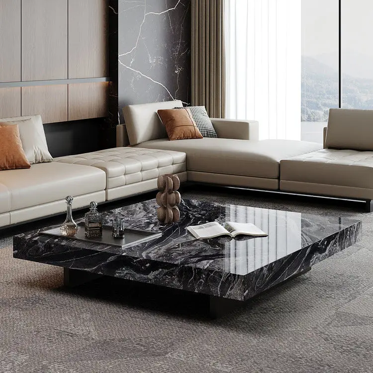 Italian Design Light Luxury Living Room Furniture Square Marble Coffee Table with Stainless Steel Base Solid Wood Materi — view 1