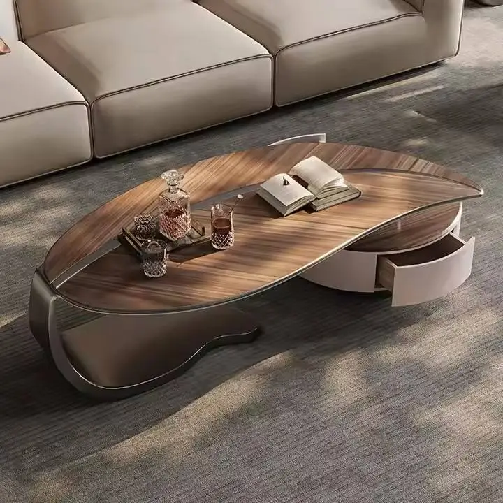 Contemporary Luxury Leaf Design Solid Wood Coffee Tea Table Adjustable Height Drawer Modern Minimalist for Living Room F — view 1