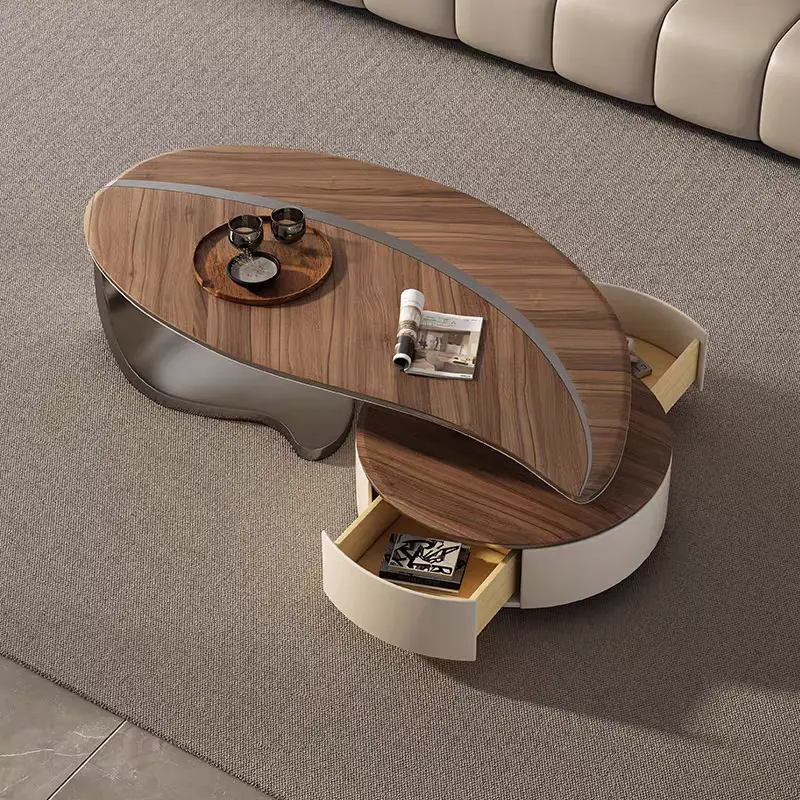 Contemporary Luxury Leaf Design Solid Wood Coffee Tea Table Adjustable Height Drawer Modern Minimalist for Living Room Furniture — image 3