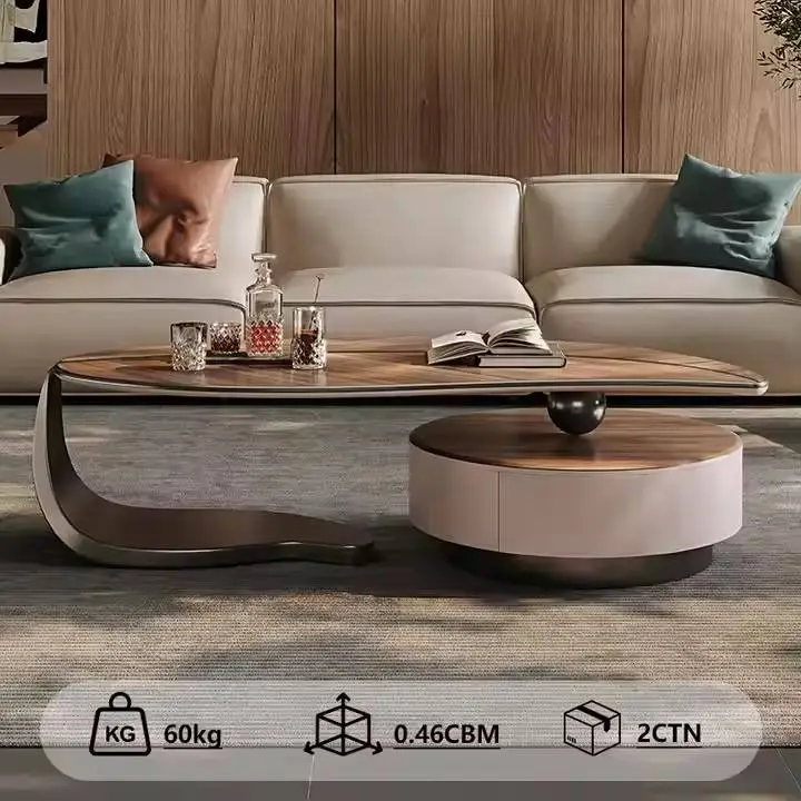 Contemporary Luxury Leaf Design Solid Wood Coffee Tea Table Adjustable Height Drawer Modern Minimalist for Living Room Furniture — image 4