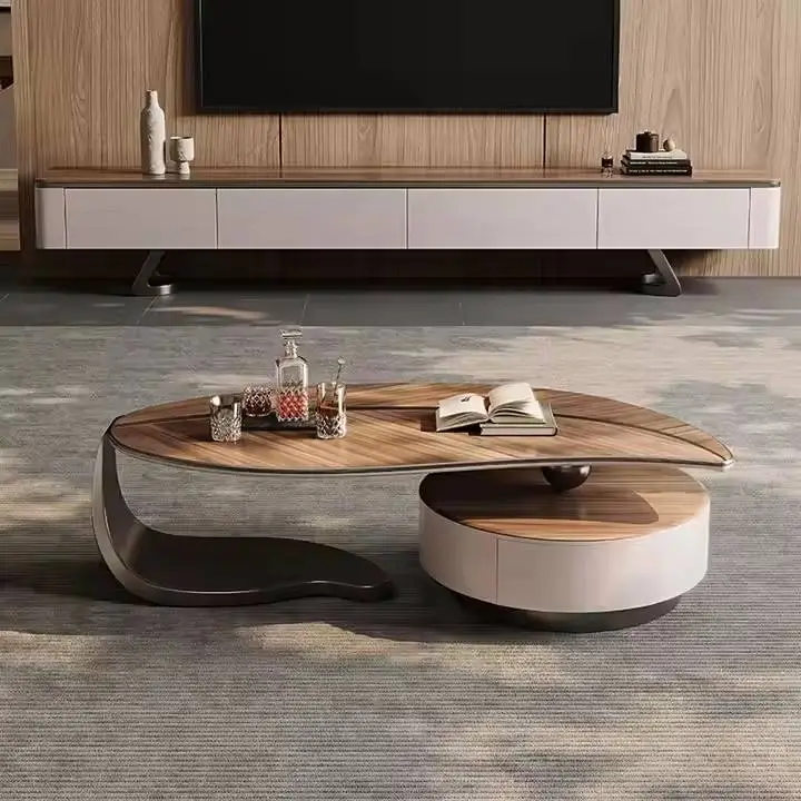 Contemporary Luxury Leaf Design Solid Wood Coffee Tea Table Adjustable Height Drawer Modern Minimalist for Living Room Furniture — image 5