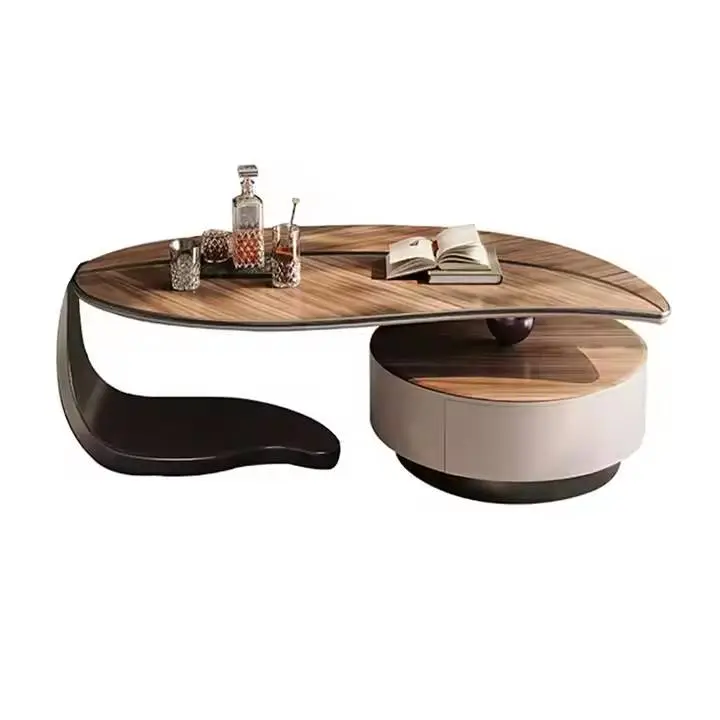 Contemporary Luxury Leaf Design Solid Wood Coffee Tea Table Adjustable Height Drawer Modern Minimalist for Living Room Furniture — image 7